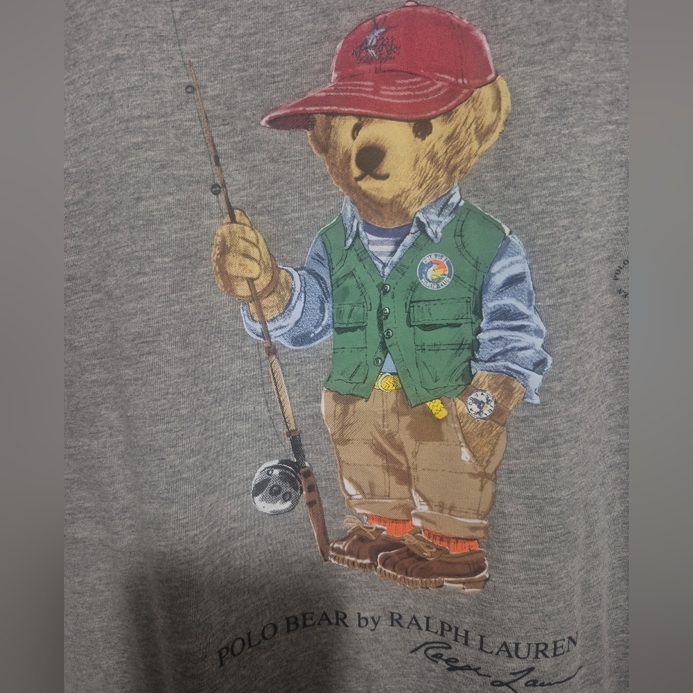 Polo Ralph Lauren Polo Bear Fishing Graphic T Shirt Gray Custom Slim Fit Men's L - Picture 3 of 5